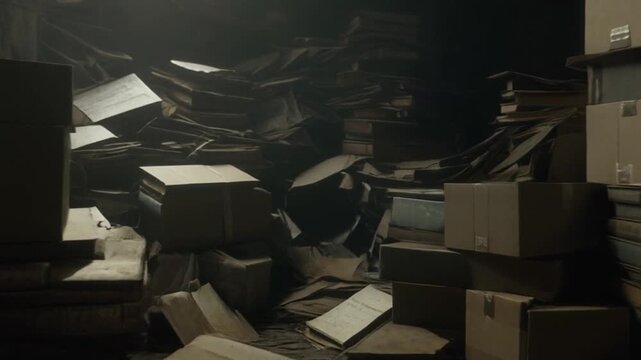 Cardboard boxes scattered in dark abandoned warehouse with sunlight