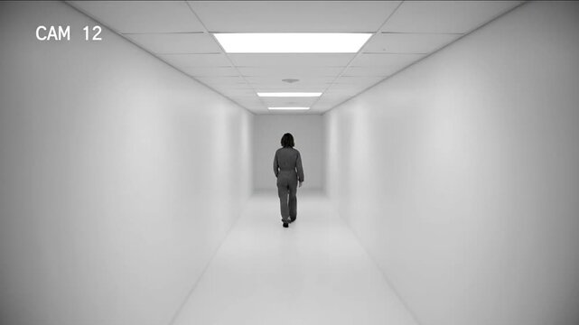 A lone figure walks down a sterile white corridor, captured in sequential frames from a security camera labeled CAM 12, evoking isolation and monotony.