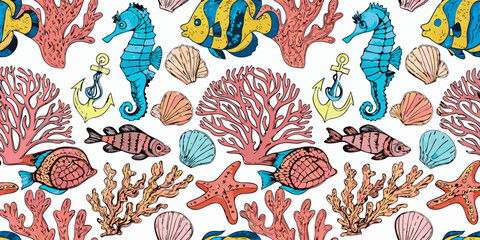 Colorful illustration of marine life including fish seahorses and coral © KrishnaPada
