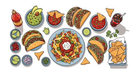 Delicious Mexican Food Feast - Tacos, Nachos, Guacamole, and Salsa.