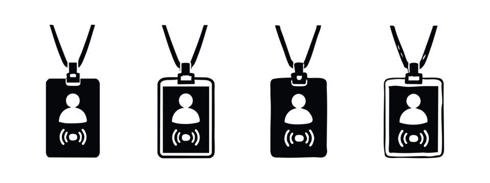 RFID ID badge icon set. Collection of identification card symbols with wireless signal in black and white styles for security and access control designs.