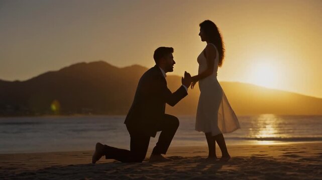 Romantic proposal on beach at sunset with man kneeling and holding woman's hand