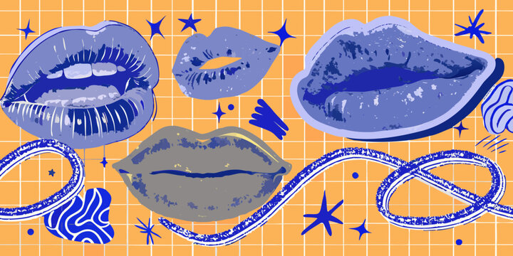 Stylized illustration of blue lips with stars on an orange background