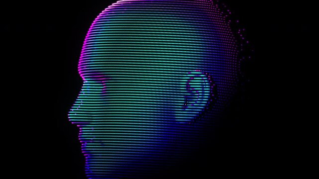 Rotation of digital human head made of glowing particles on black background. Abstract concept of artificial intelligence AI, machine learning and digital identity verification. Slow motion, 4K looped