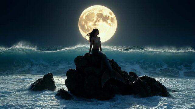 Majestic full moon illuminates dark ocean night, casting serene glow. Mysterious mermaid silhouette sits thoughtfully rugged rock, gazing luminous full moon above vast ocean waves. Solitary scene