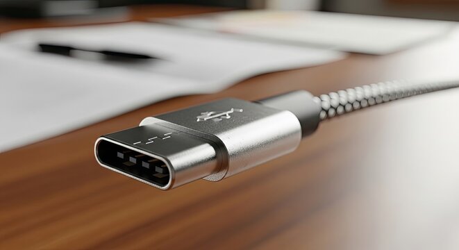 Close-up of a USB-C connector on a wooden desk with blurred background.