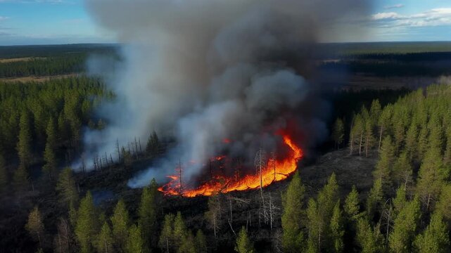Aerial Tracking Shot Of Burning Forest With Thick Smoke And Glowing Embers