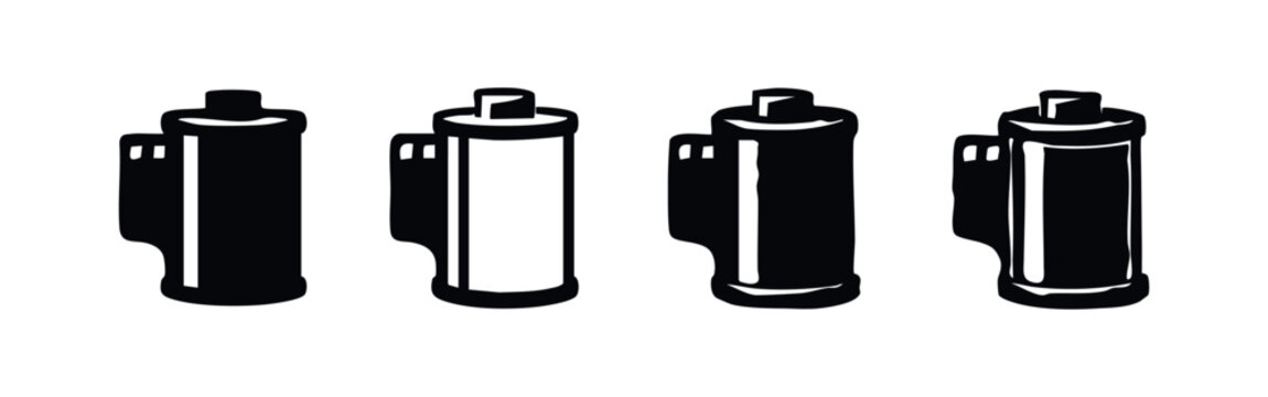 Film Canister Icons Set. Photography Roll Vector Illustrations. Vintage Camera Accessory Symbols for Analog Photography Concepts.