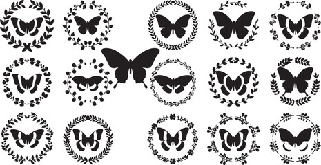 Fototapeta premium Black Butterfly Silhouettes with Floral Wreaths on White Background