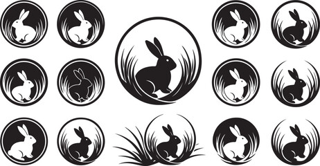 Fototapeta na wymiar Black and white rabbit silhouettes in various circular designs