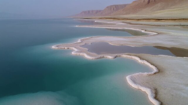 Aerial Tracking View Of Dead Sea Coastline With Surreal Salt Crusted Shores And Mineral Rich Waters