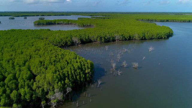 Aerial View Of Lush Green Mangrove Forest Serving As A Coastal Flood Barrier