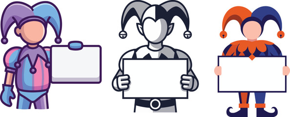 Fototapeta premium Three different jester characters holding blank white banners for text in colorful monochrome and comic styles for circus and carnival announcements