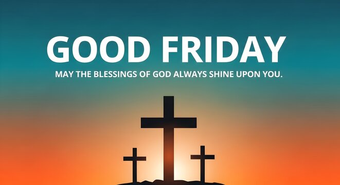 Good friday - Jesus christ crucified on the cross and road to mountain in orange red sky with sunshine texture background vector design