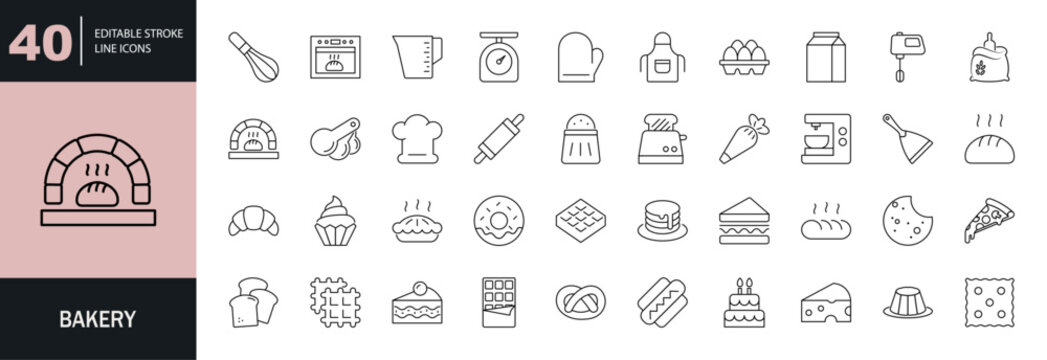 Bakery icon set. Containing bread, pie, cake, donut, croissant, pancakes, cupcake, oven, baking tools, cookies, birthday cake, chocolate, and more. Editable line icons. Vector illustration.