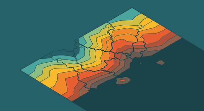 Abstract isometric map with colorful contour lines and long shadow on a teal background