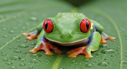 Brightly colored amphibian rests upon a wet tropical leaf
