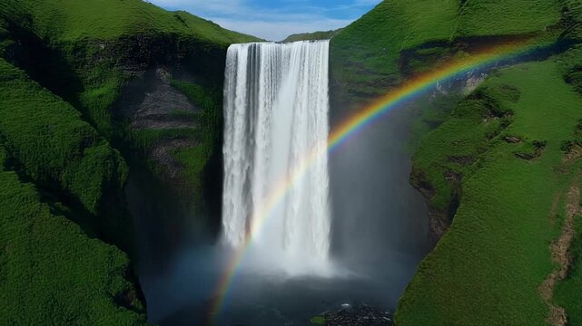 Majestic Waterfall Flowing Over Cliff With Rainbow And Lush Green Vegetation Aerial Push In