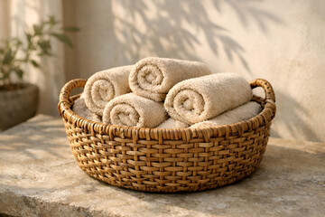 Obraz premium Cozy spa composition with soft rolled towels arranged in woven wicker basket under warm natural light. Calm wellness concept ideal for spa advertising, hotel hospitality branding.