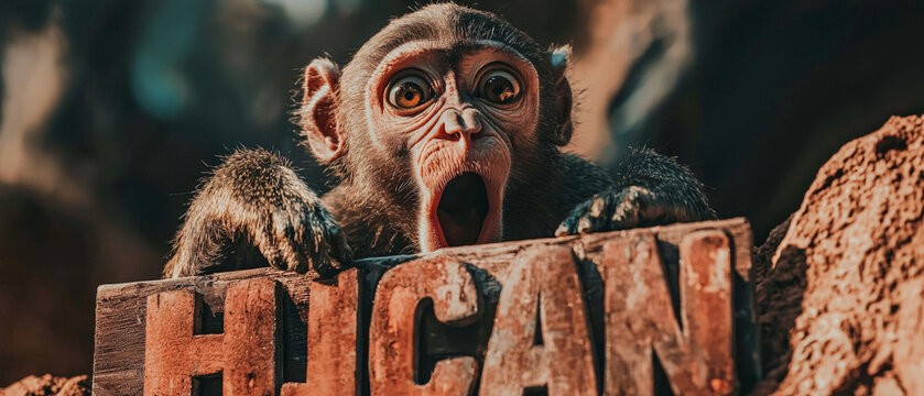 A baby monkey with wide eyes and an open-mouthed expression of surprise, peeking over a wooden barrier
