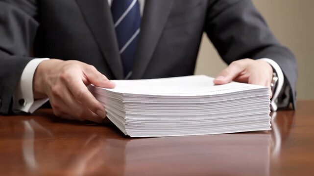 Businessman aligning a stack of papers with a focused expression, showcasing attention to detail and organization in a professional setting