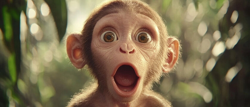 Adorable baby monkey with wide, surprised eyes and an open mouth, set against a blurred lush green forest background