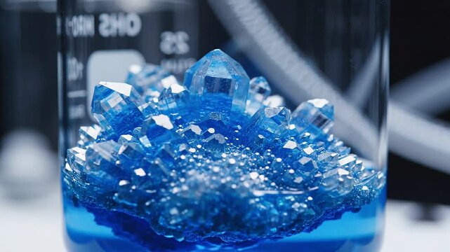 Close-up of blue crystals forming in a laboratory beaker filled with bright blue liquid, showcasing a mesmerizing scientific process