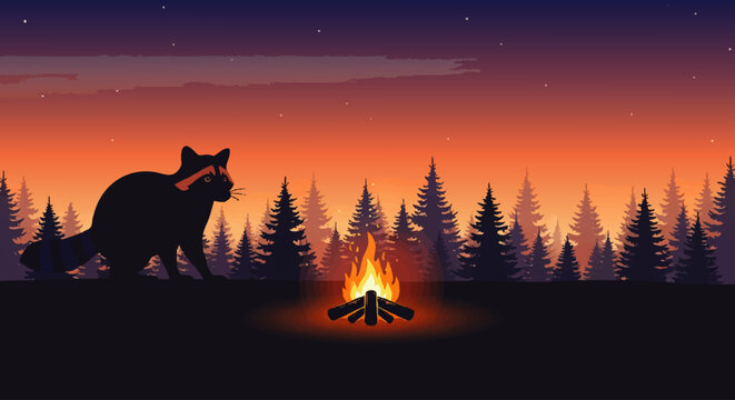 A curious raccoon silhouette observes a warm, crackling campfire nestled within a tranquil pine forest as the sun sets, casting vibrant hues across the evening sky, a peaceful wilderness scene