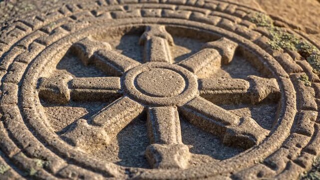 Close-up of a carved stone dharma wheel symbol features intricate geometric patterns and textures with natural light highlighting its details