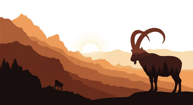 Majestic Ibex Silhouetted Against a Golden Sunset Over Layered Mountain Peaks, Capturing the Serene Beauty of Alpine Wilderness and Untamed Nature