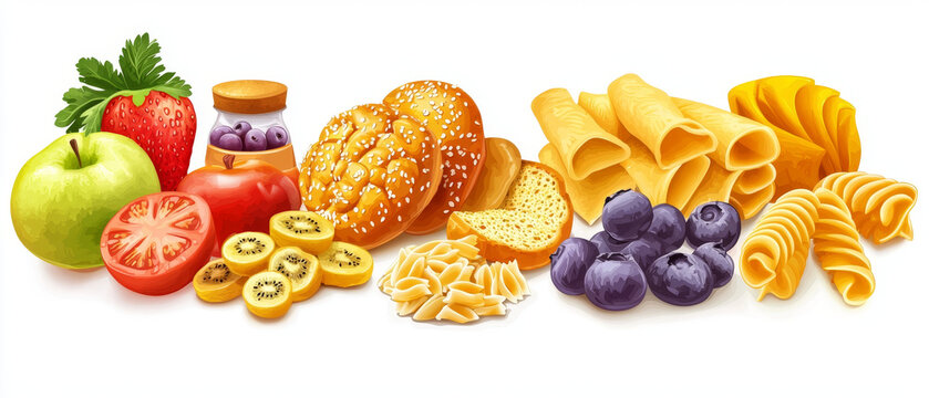 An appealing mix of fruits (apples, strawberries, kiwi, blueberries), baked goods, and assorted pasta varieties on white