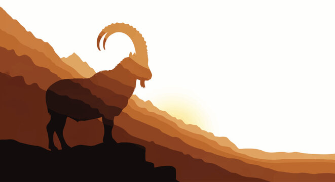 Majestic Ibex Silhouette Standing on Rocky Mountain Peak at Sunrise with Layered Hills in the Background