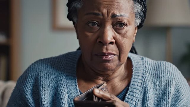 Concerned woman holding an empty wallet, displaying emotions of worry and stress in a softly lit, cozy interior setting