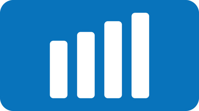 A blue square icon with a white bar graph on a white background