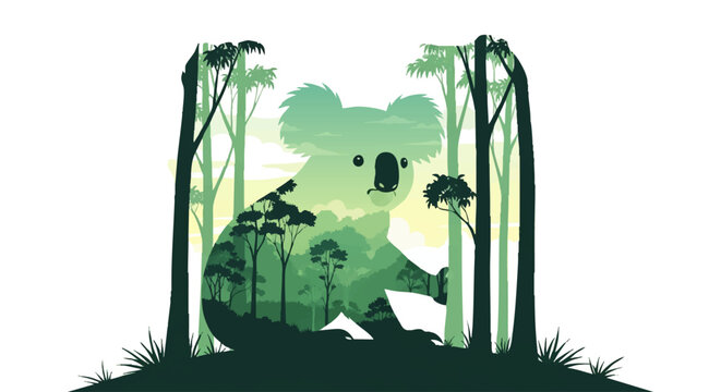 A captivating illustration featuring a koala silhouette intertwined with a vibrant, layered forest landscape, symbolizing Australian wildlife and its natural habitat