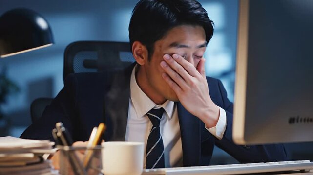 A focused businessman in formal attire sitting at a desk with a cup while contemplating in an office setting with a warm glow from a lamp