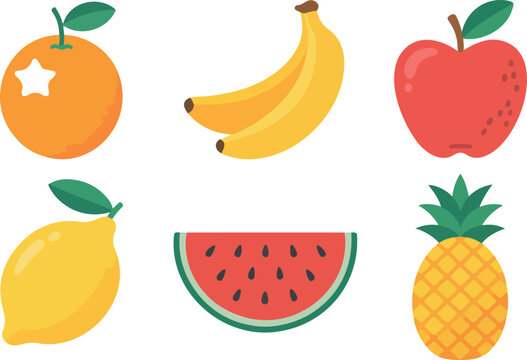 Fresh fruit vector collection with orange banana apple lemon watermelon slice and pineapple colorful flat style illustration set