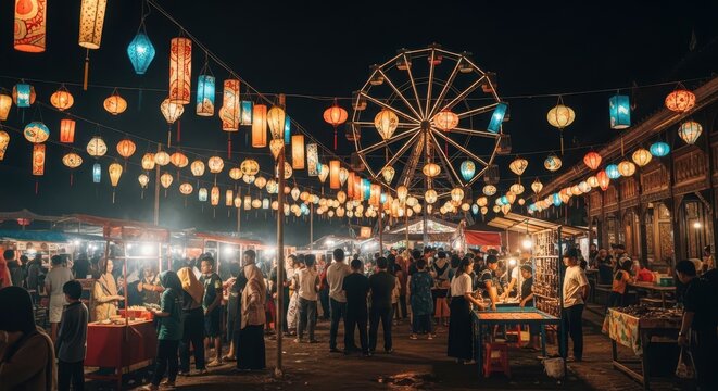 Numerous illuminated paper lanterns hang above a bustling nighttime street fair featuring a large rotating amusement ride