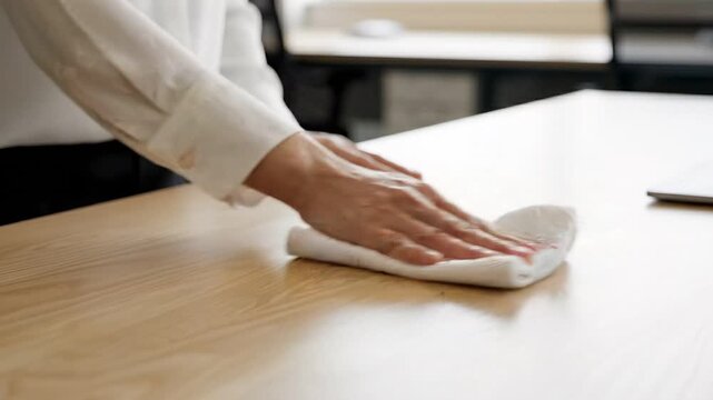 A Japanese worker wiping a wooden desk surface with a cloth in a modern office environment, focusing on cleanliness and order