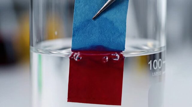 A litmus paper being dipped into a clear solution, showcasing color change as it reacts, captured in a laboratory setting