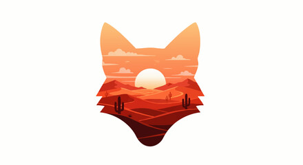 Fototapeta premium Vibrant desert landscape sunset silhouette within a fox head illustration