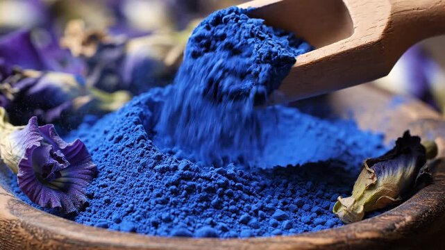 Close-up of vibrant blue butterfly pea flower powder in a wooden bowl, surrounded by dried flower petals and a wooden scoop, showcasing the rich
