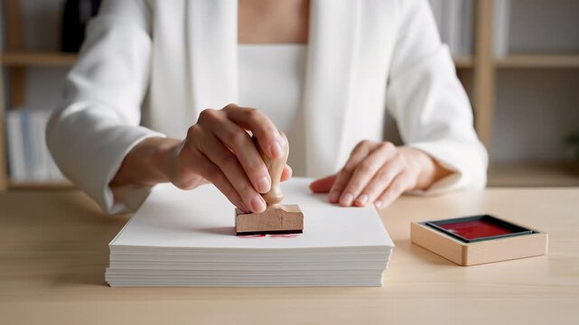 A woman in a white blazer pressing a stamp onto a blank stack of papers on a wooden desk, with a focused expression