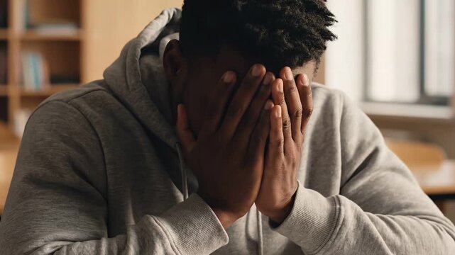 Close up of a young Black man wearing a gray hoodie, with his head bowed. He is shown covering his face with his hands, displaying emotions of
