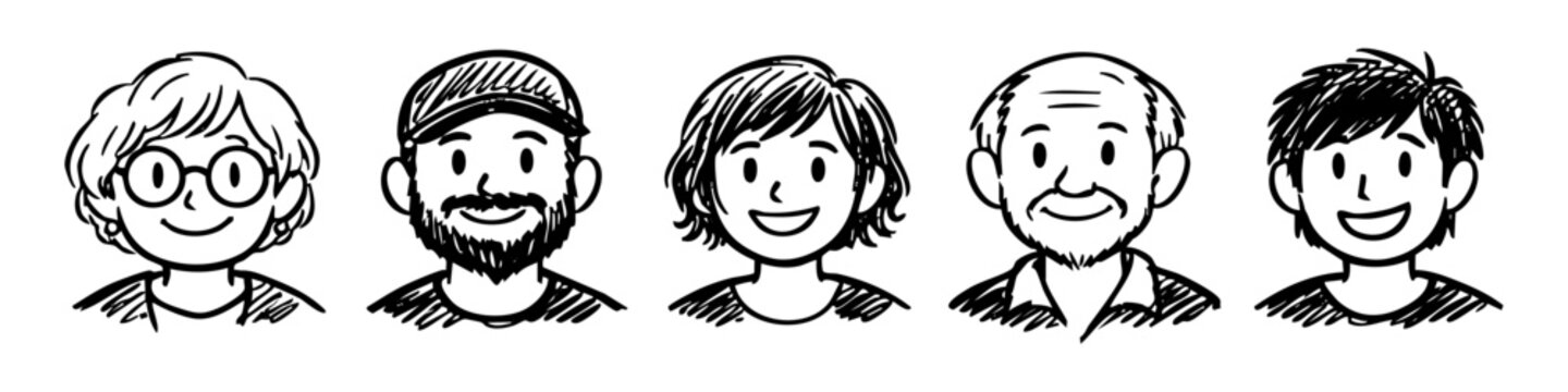 Set of five hand-drawn diverse character portraits in a minimalist black and white sketch style. Includes men and women of various ages, ideal for avatars or social media icons.