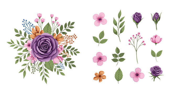 Elegant floral bouquet centered around a large purple rose featuring various pink and orange accent flowers and green foliage.