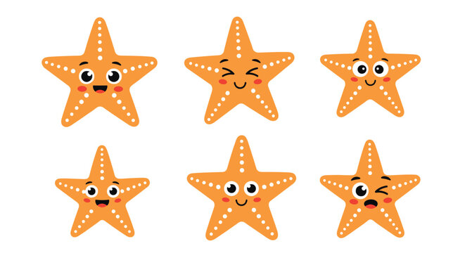 Collection of six orange starfish characters with diverse facial expressions such as happy, winking, and surprised for sea themes.