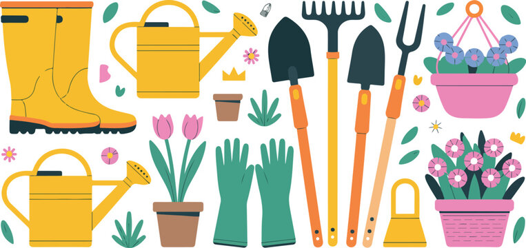 Spring gardening tools and blooming flowers collection with watering cans boots gloves pots and plants colorful flat vector illustration set