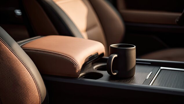 Luxury Car Interior with Coffee Cup on Center Console.