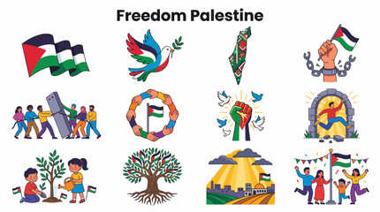 Palestine Freedom Symbols: Flags, Dove, Map, People, Unity, Hope